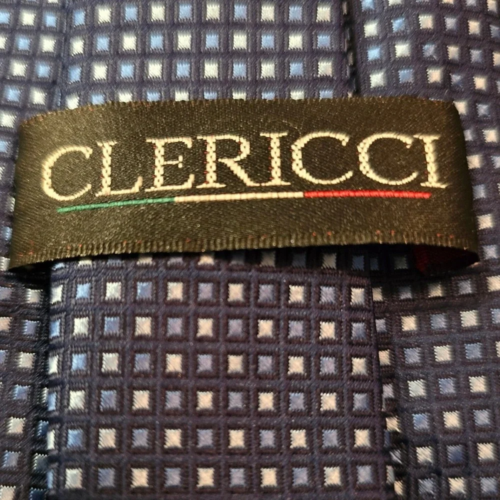 Clericci Mens‎ Navy Blue Geometric Square Grid Pattern Polyester Necktie Tie